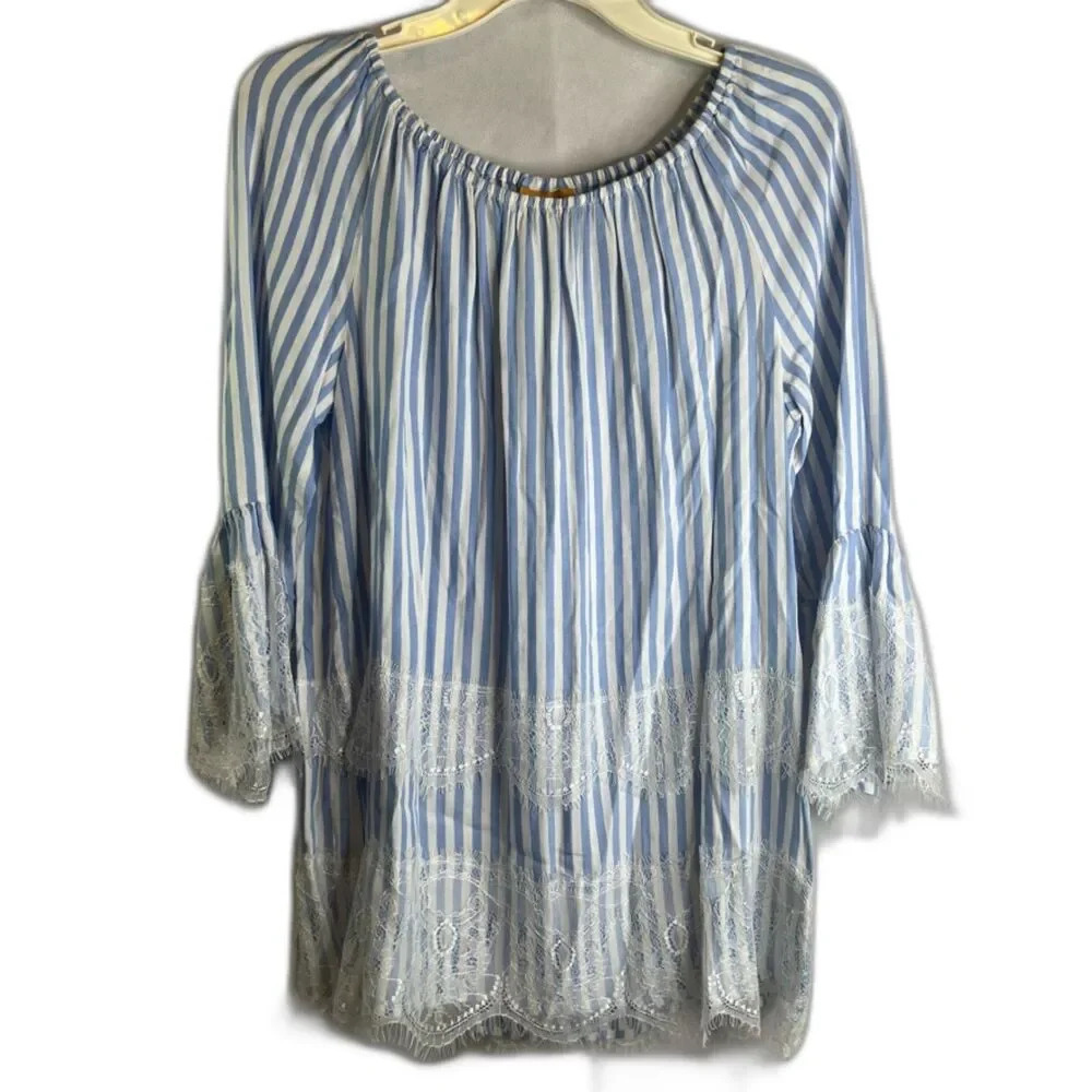 Ruby Rd Lace Trim Striped Tunic Boho Blouse Size Small‎